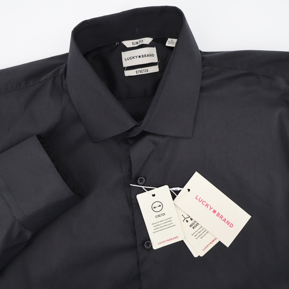 NEW Lucky Brand Slim Fit Stretch Button Down Black Long Sleeve Mens L 16.5 32/33